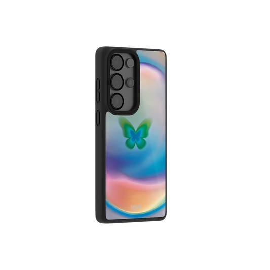 Samsung Galaxy phone case in black with a colorful butterfly design on a smooth surface