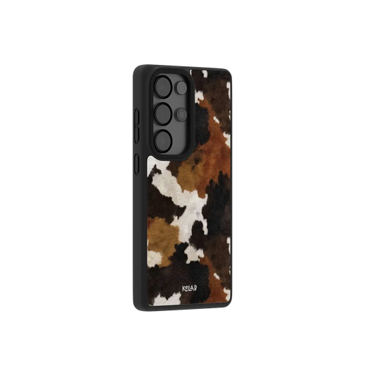 Samsung Galaxy phone case in a classic brown and black cowhide pattern with a minimalist design