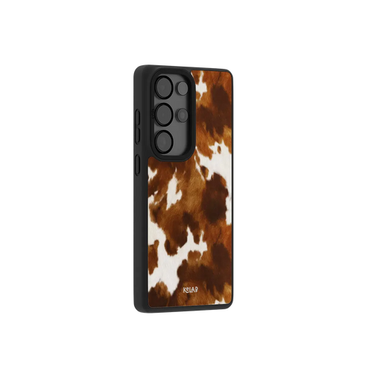 Samsung Galaxy phone case in a brown and white cow print design with a classic minimalist style