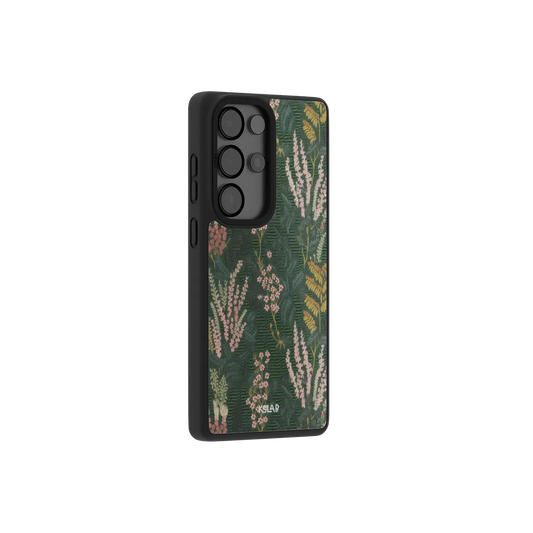 Samsung Galaxy phone case with a floral pattern on a dark green background and black TPU sides