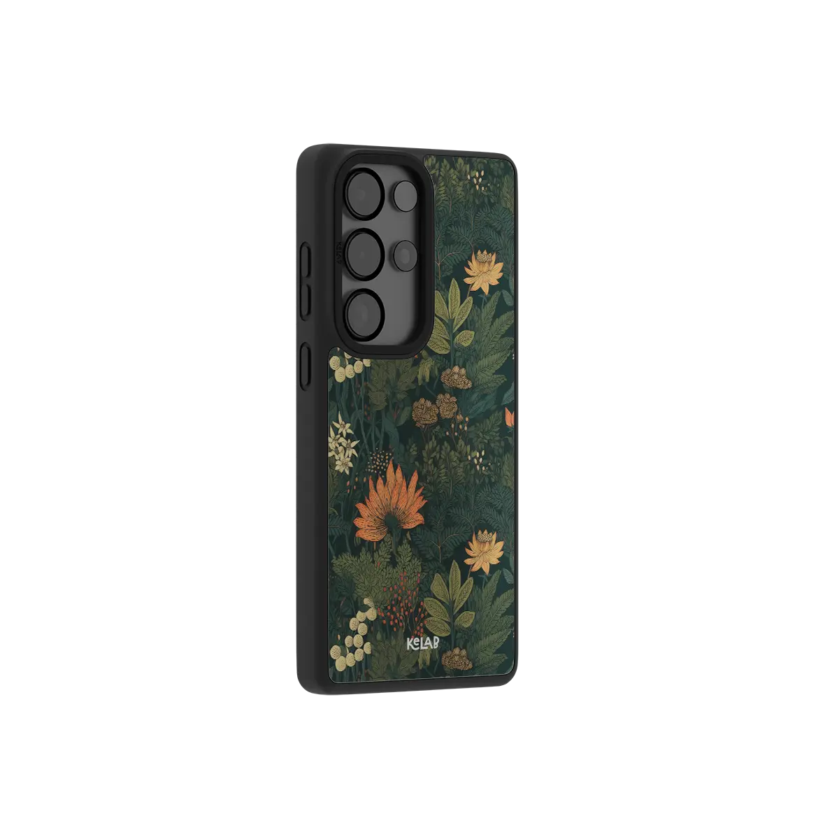 Samsung Galaxy phone case in black with floral pattern design featuring green leaves and colorful flowers