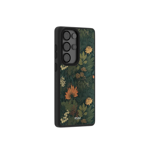 Samsung Galaxy phone case in black with floral pattern design featuring green leaves and colorful flowers