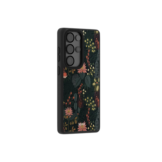 Floral patterned Samsung Galaxy phone case in black TPU material with a minimalist design