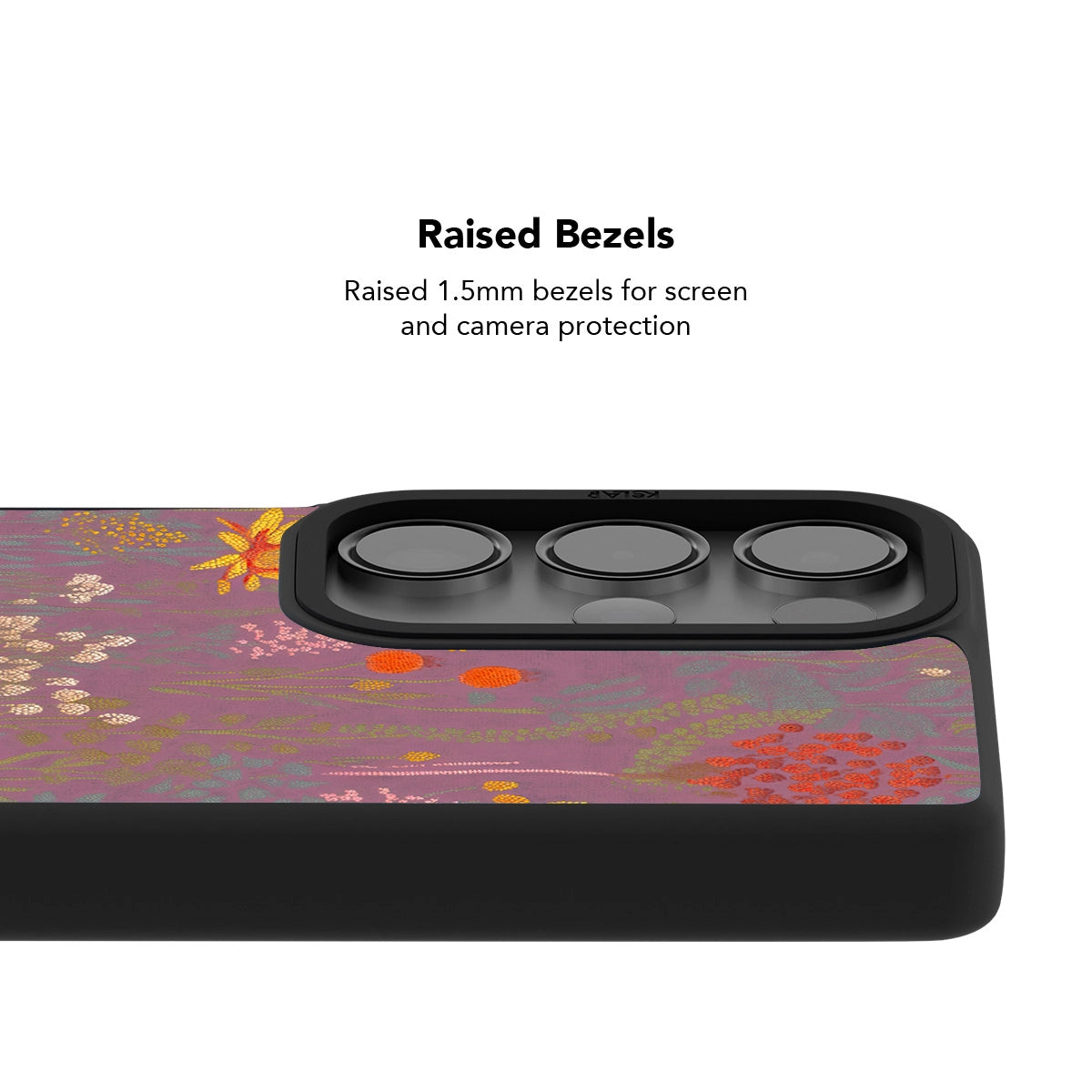 Samsung Galaxy phone case in navy with floral pattern and raised bezels for screen protection