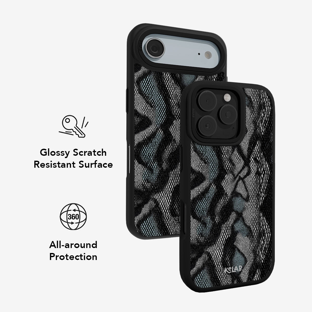 Teal snakeskin phone case with glossy scratch-resistant surface and 360° all-around protection, featuring a luxury reptile print design.