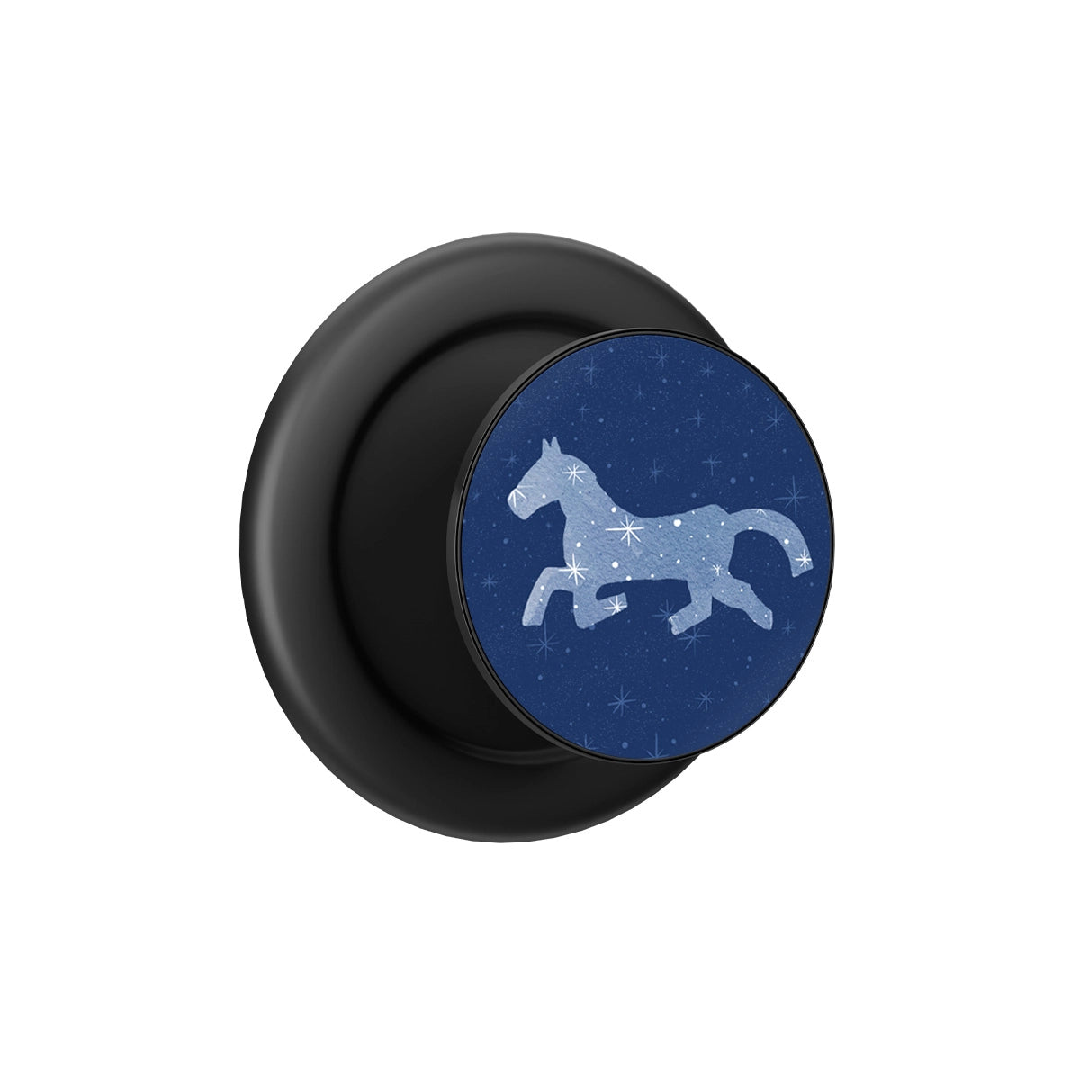 Black MagSafe pop grip with blue horse silhouette and built-in strong magnets.