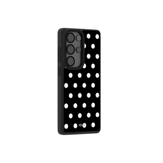 Classic Samsung Galaxy phone case in black TPU with white polka dot pattern for modern style