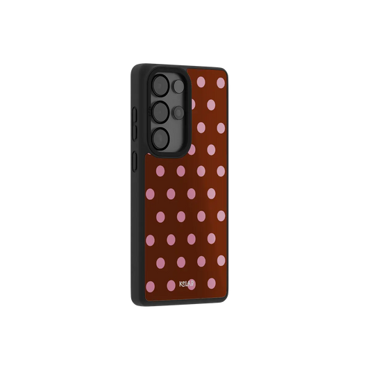 Samsung Galaxy phone case in classic black with a polka dot pattern in pink and brown