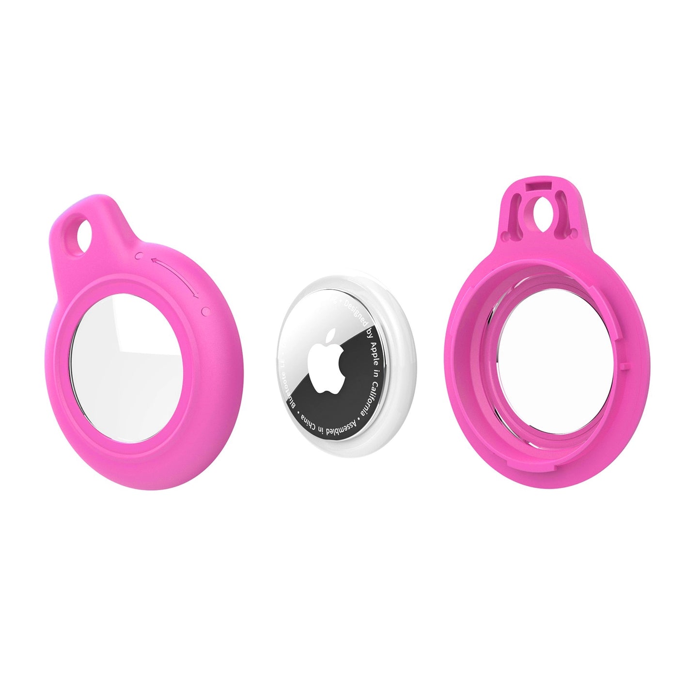Rose Pink Clear AirTag Case - Waterproof Secure Holder with Key Ring. Transparent pink GPS case for stylish and durable use.