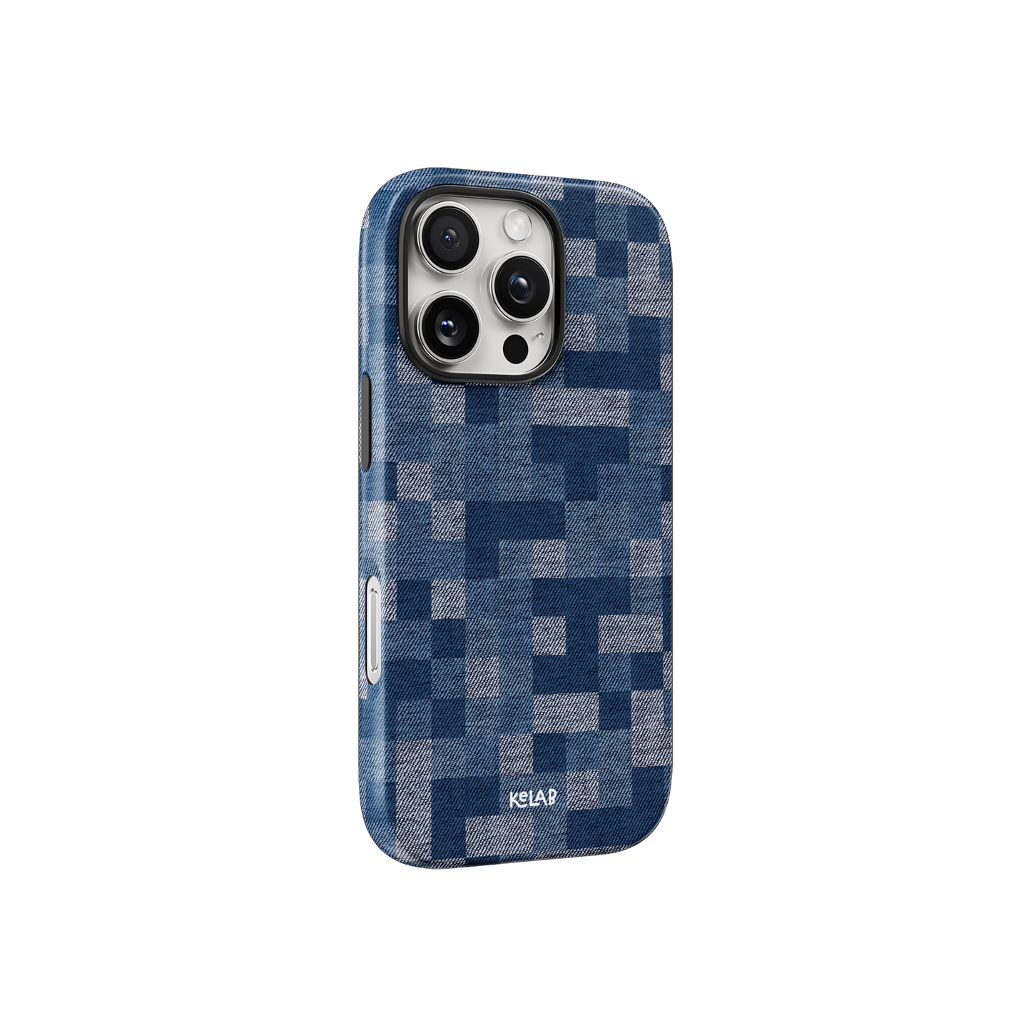 Side view of KELAB Denim Grid Patterned Phone Case showing textured blue jeans print and precise button cutouts for iPhone.