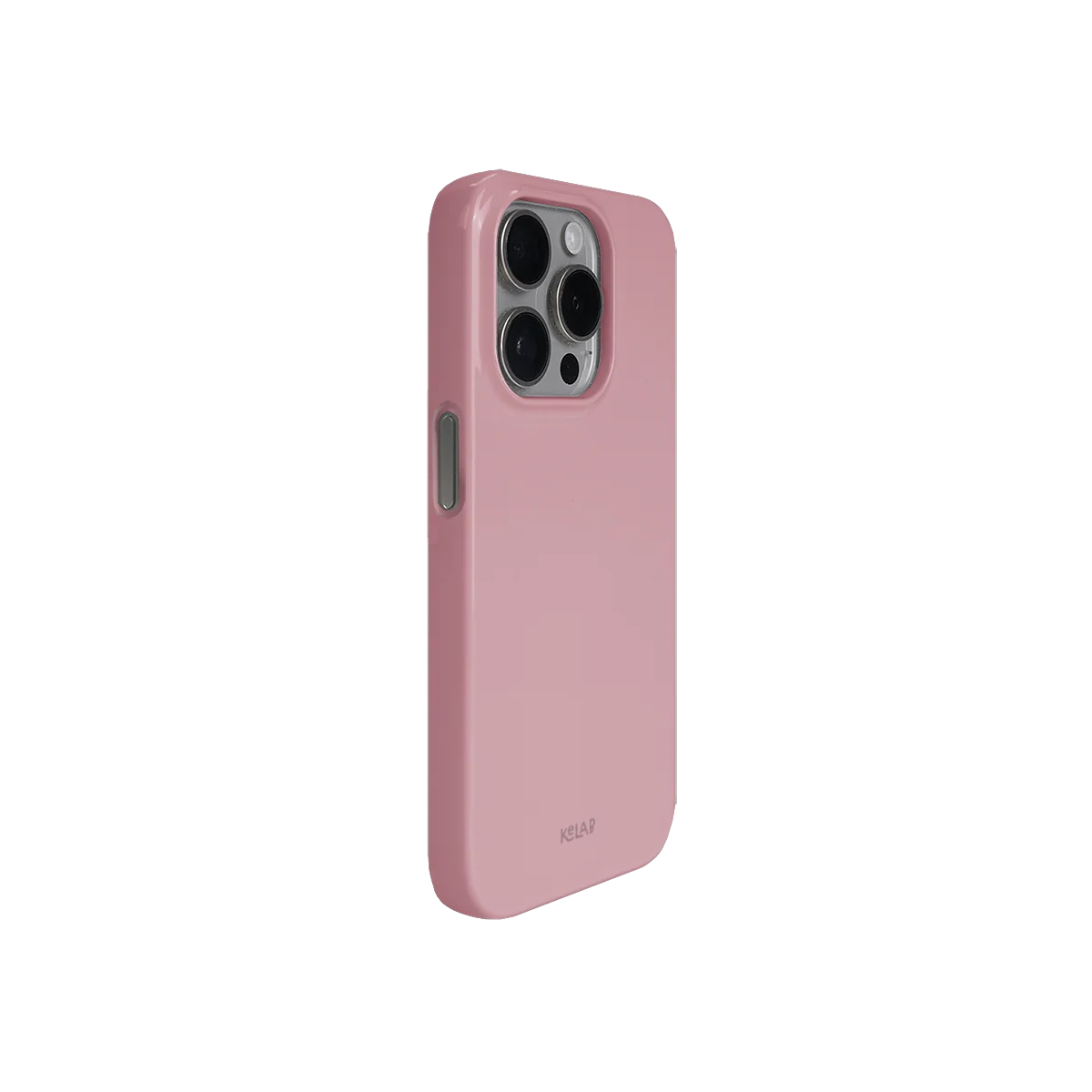 Angled rear view of KELAB pastel pink phone case, showcasing its slim, minimalist design and precise button cutouts.