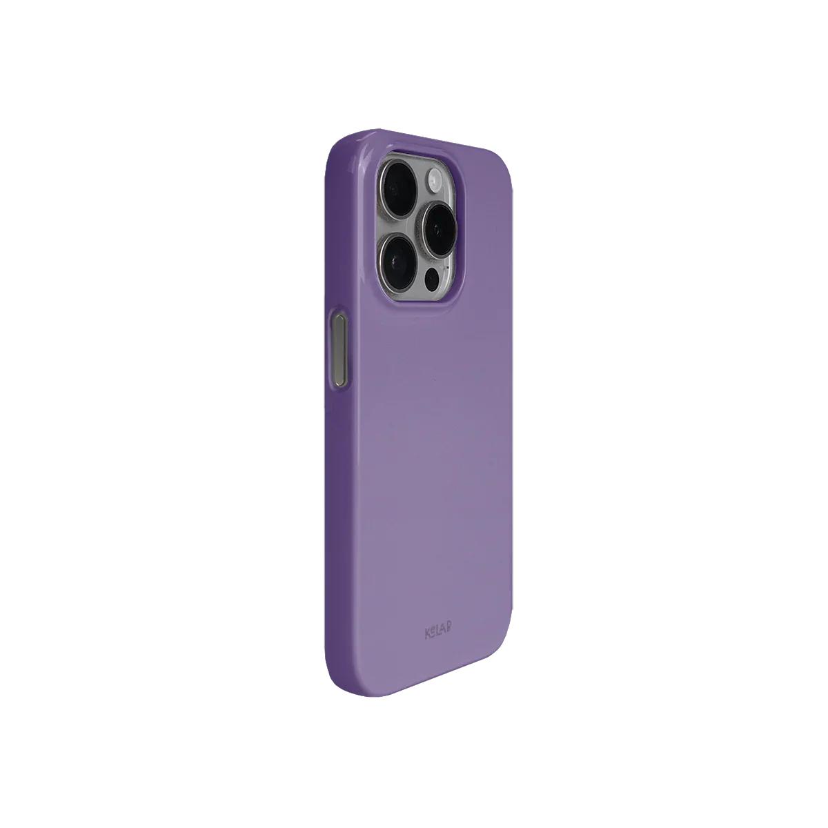 Minimalist solid purple phone case with glossy finish and side button detailing, offering sleek and protective iPhone coverage.