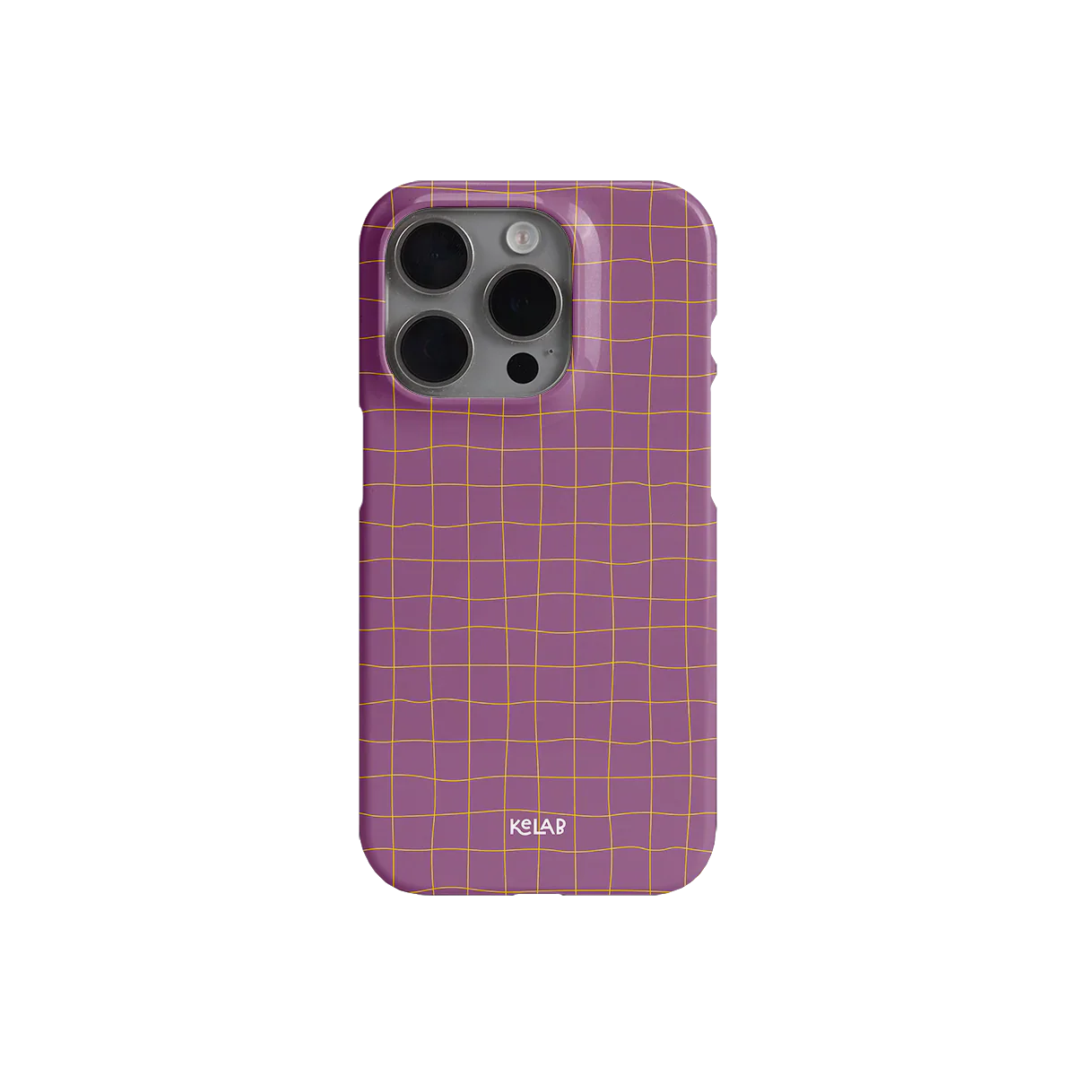Back view of KELAB's Coral Code phone case in pink with yellow grid, showcasing minimalist retro aesthetic for iPhone.