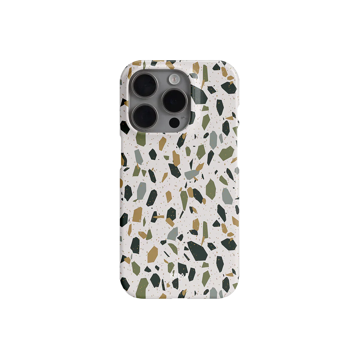 Ivory terrazzo iPhone case with colorful speckles in green, mustard, and black tones. Sleek and protective for everyday use.