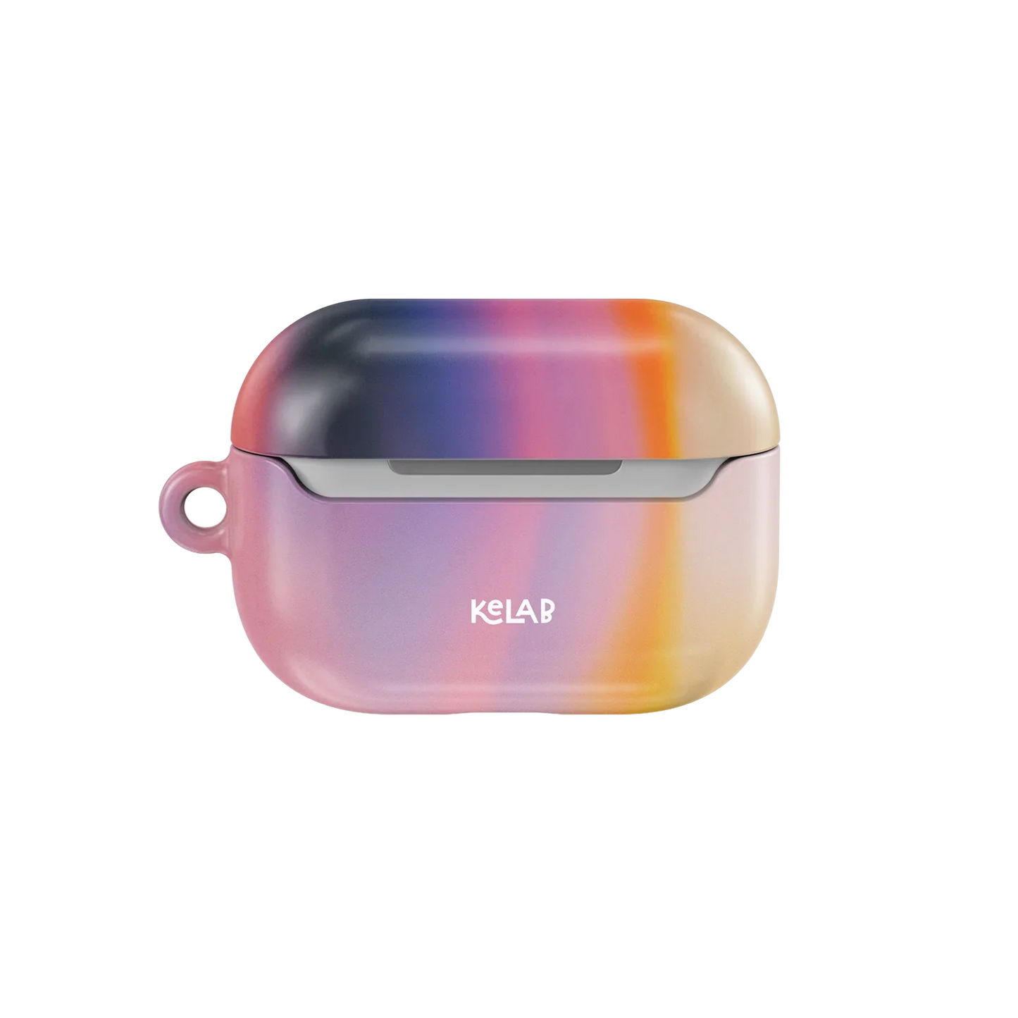 Back view of KELAB Dreamy Gradient AirPods Case with logo, featuring a vibrant retro-inspired color blend and keychain loop.