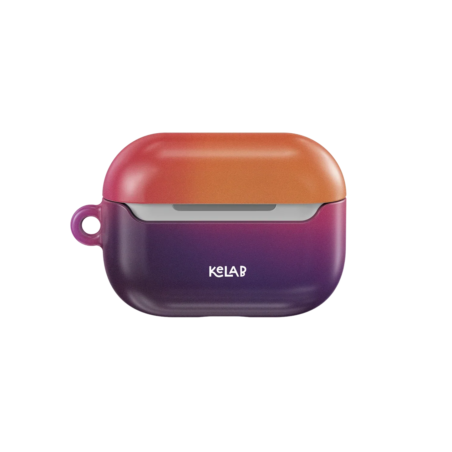 Back view of KELAB Gradient Purple AirPods Case with logo and keychain loop. Fits AirPods 1-4 and Pro, ideal for colorful tech accessory lovers.