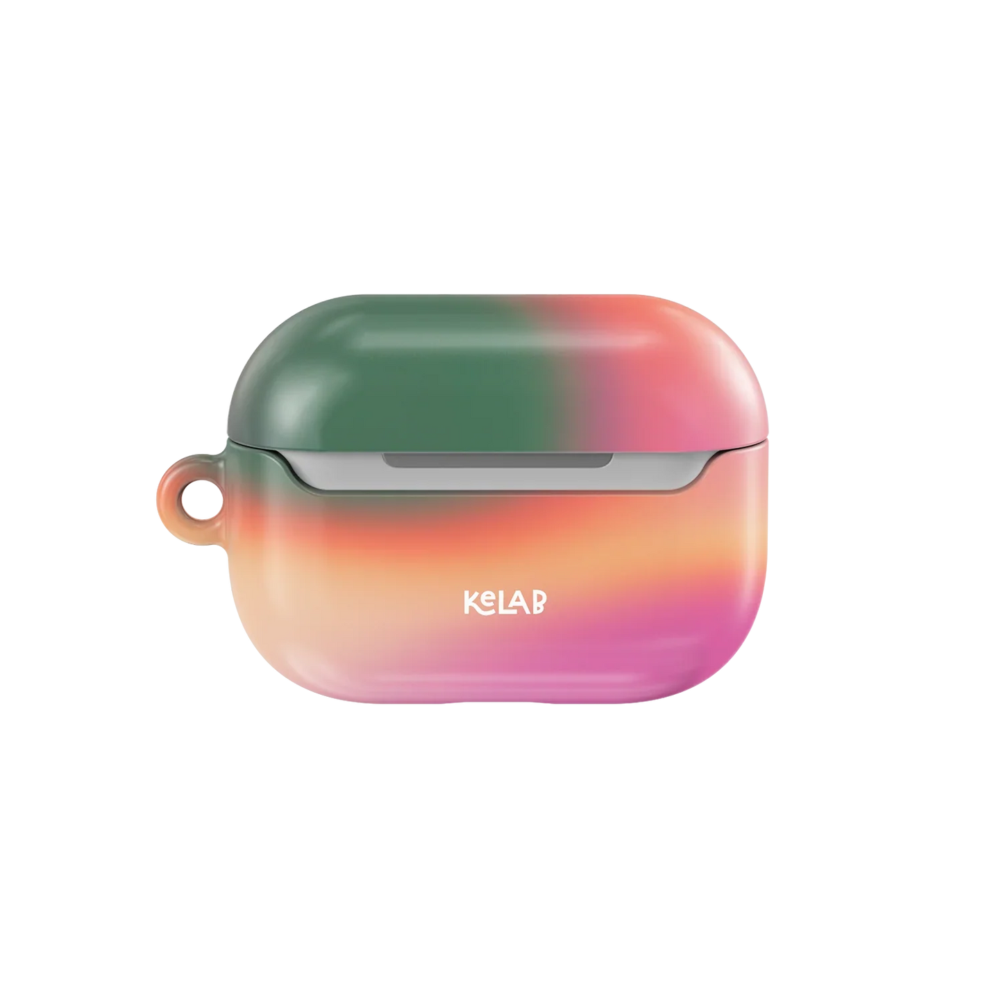 Colorful KELAB AirPods Case in green and pink gradient from the Euphoria Series, featuring logo branding and eco-friendly design.