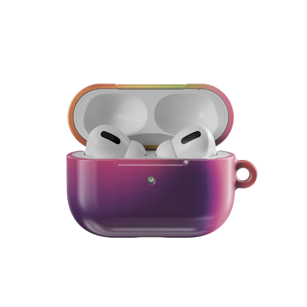 Open Lucid Ember AirPods Case from KELAB's Euphoria Series showing AirPods Pro inside. Colorful purple-orange gradient with eco-friendly design.