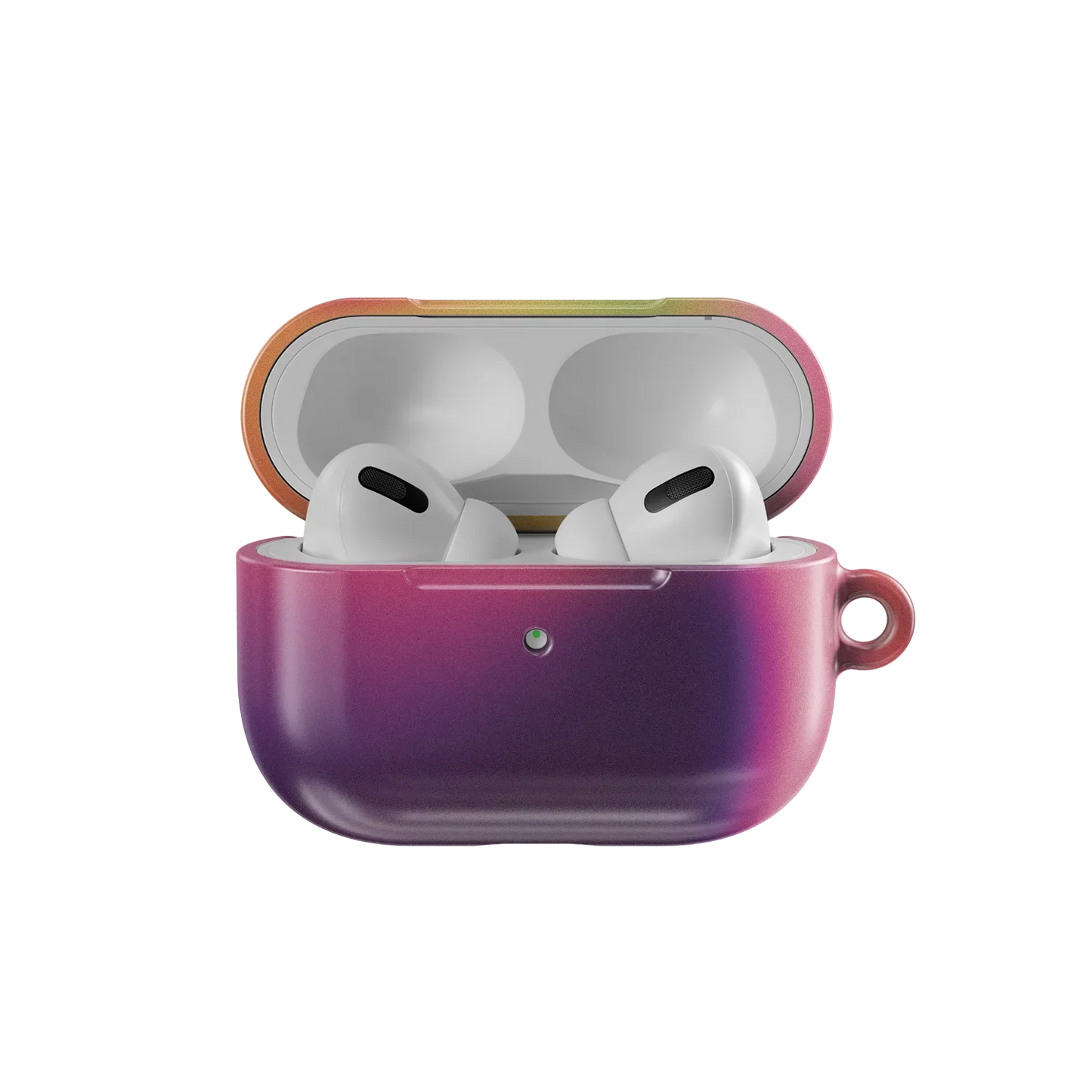 Open Lucid Ember AirPods Case from KELAB's Euphoria Series showing AirPods Pro inside. Colorful purple-orange gradient with eco-friendly design.
