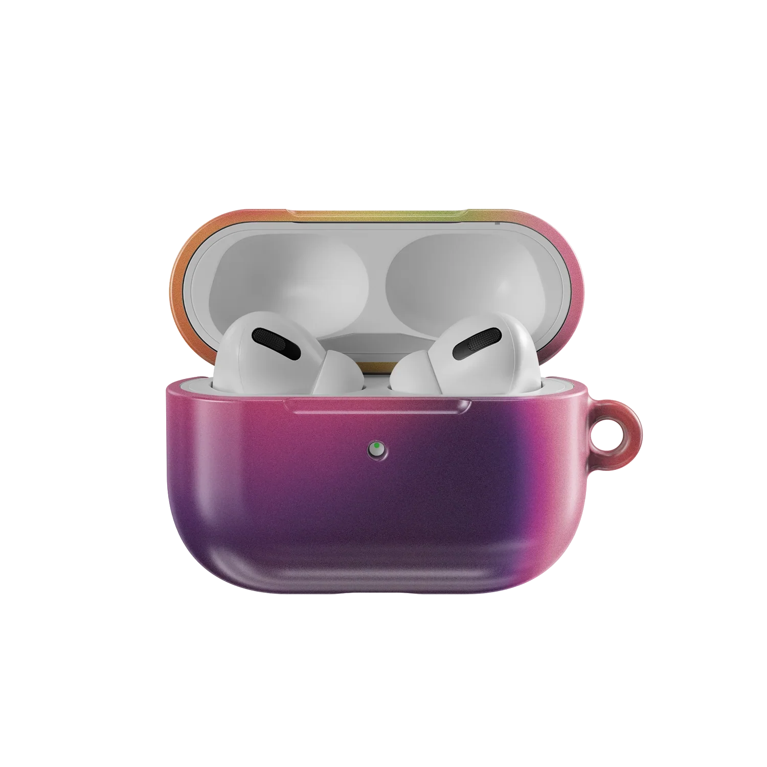 Open Lucid Ember AirPods Case from KELAB's Euphoria Series showing AirPods Pro inside. Colorful purple-orange gradient with eco-friendly design.