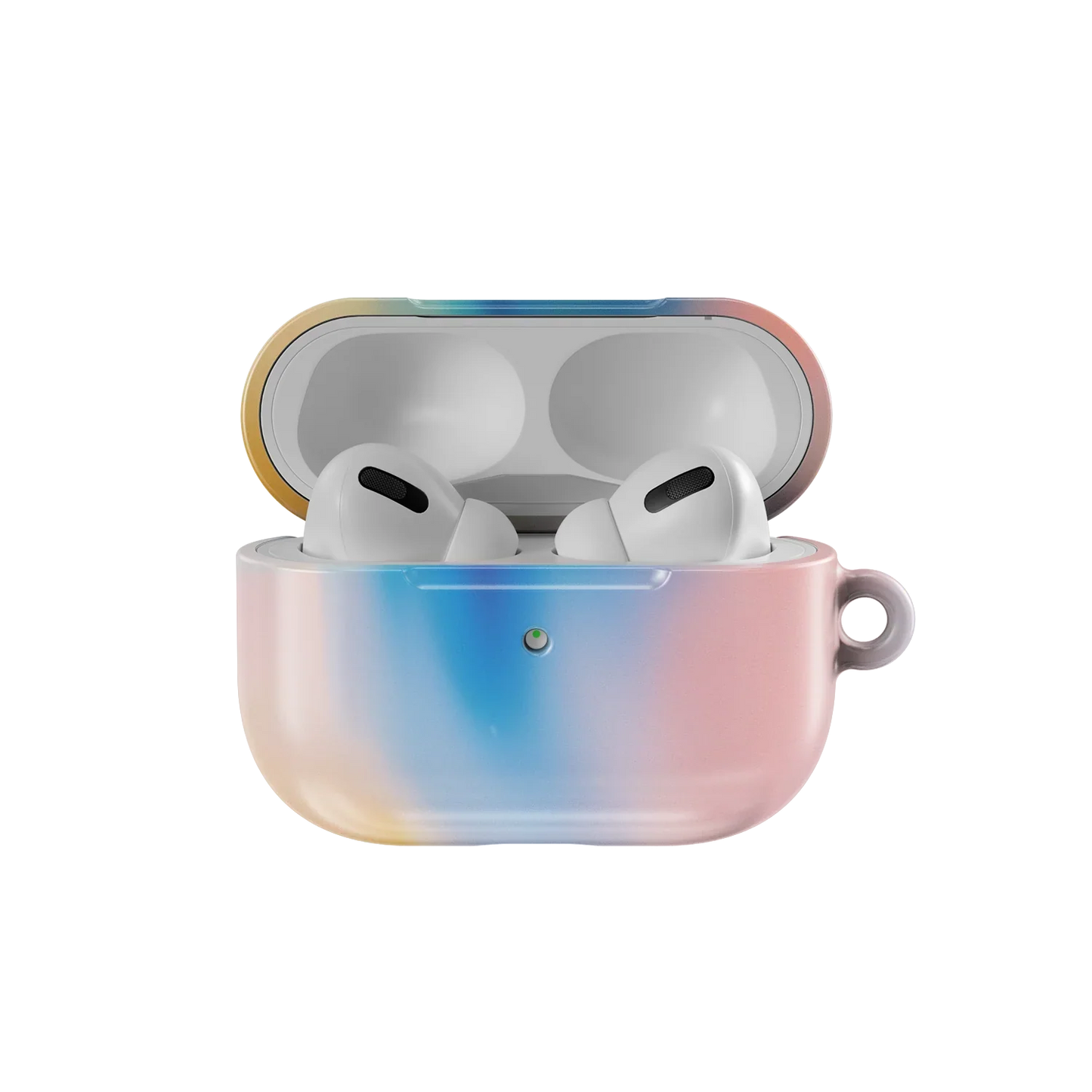 Open Dream Prism Euphoria Series AirPods Case showing AirPods Pro inside. Colorful gradient design with durable, eco-friendly build.