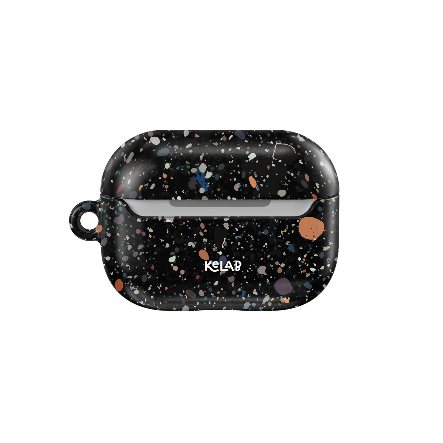 Back view of Black Splatter AirPods Case – Cute & Stylish | KELAB with logo and multicolor paint splatter, perfect for stylish audio accessory protection.