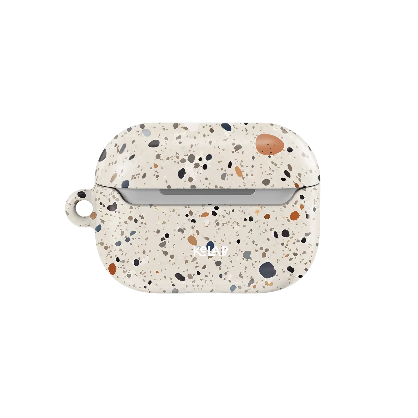 Back view of Ivory Haze AirPods Case by KELAB with colorful paint splatter pattern and visible logo, stylish protection for all AirPods models.