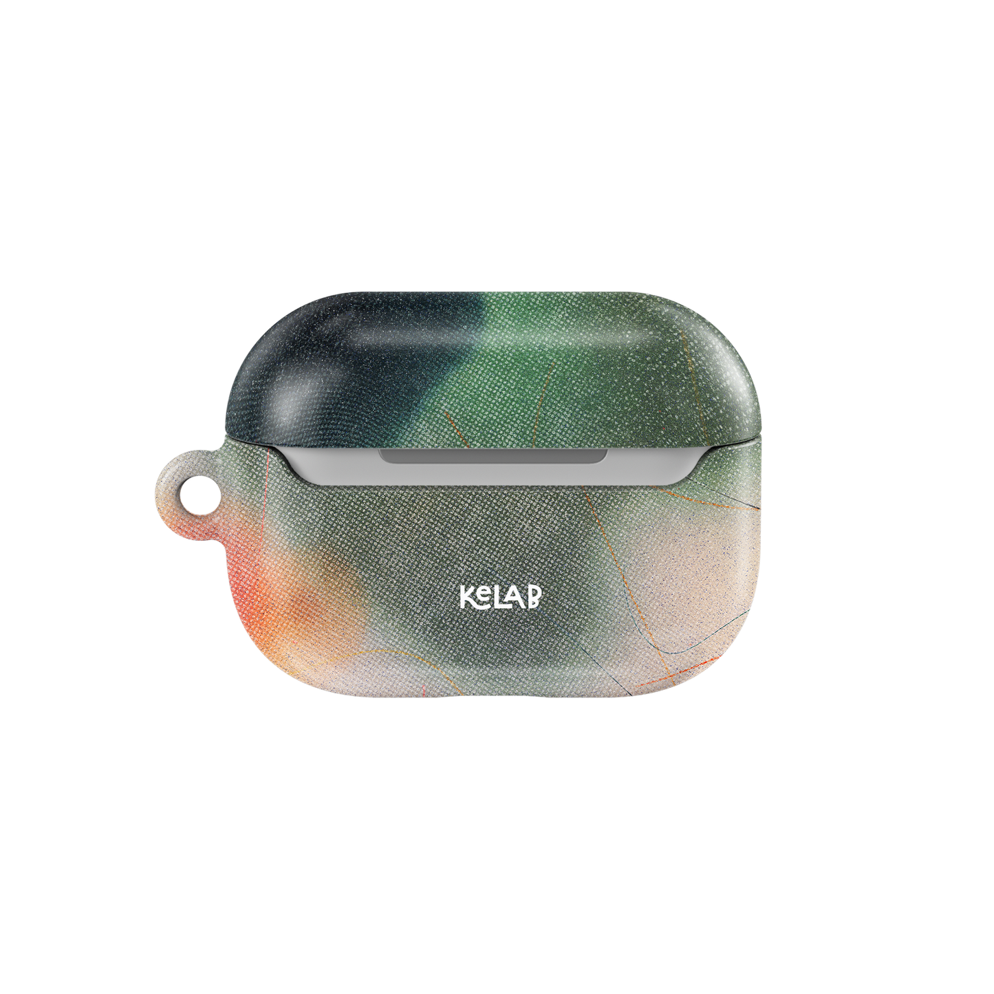 Back view of KELAB Runner's High AirPods Case in green and orange gradient with logo and loop for easy carrying; fits all AirPods models.