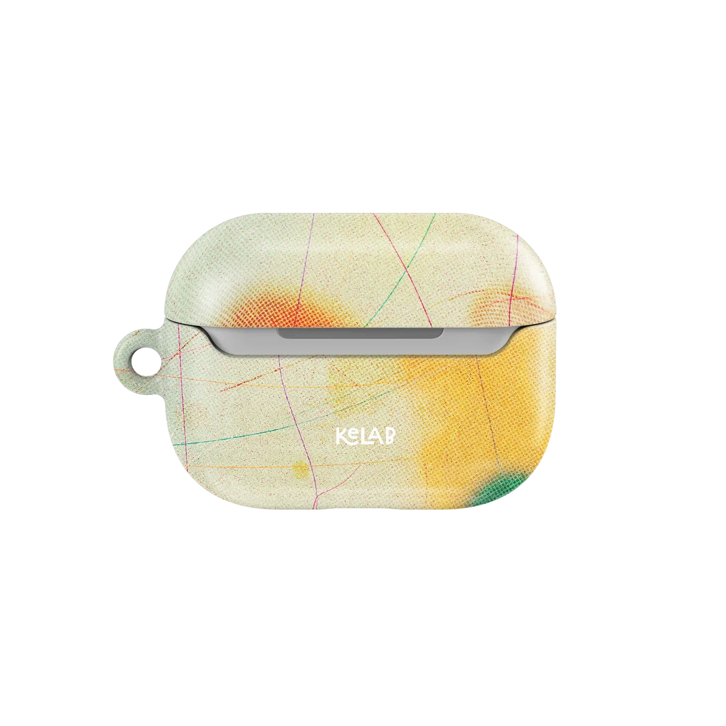 Back view of Climax Endorphins Series AirPods Case in soft yellow and red tones with KELAB logo, designed for full AirPods compatibility.