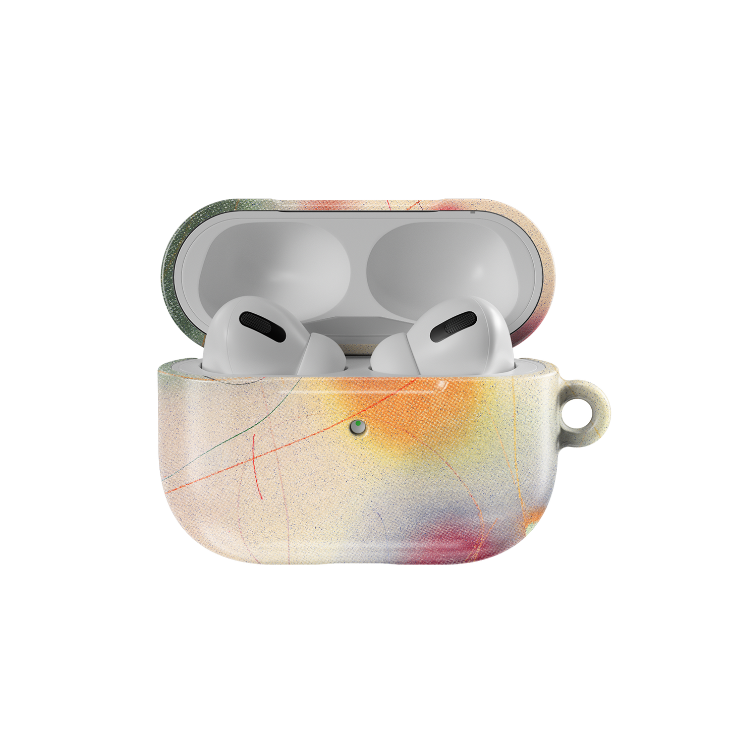 Open KELAB Runner's High AirPods Case in green gradient, showing AirPods Pro inside; stylish and durable headphone accessory.