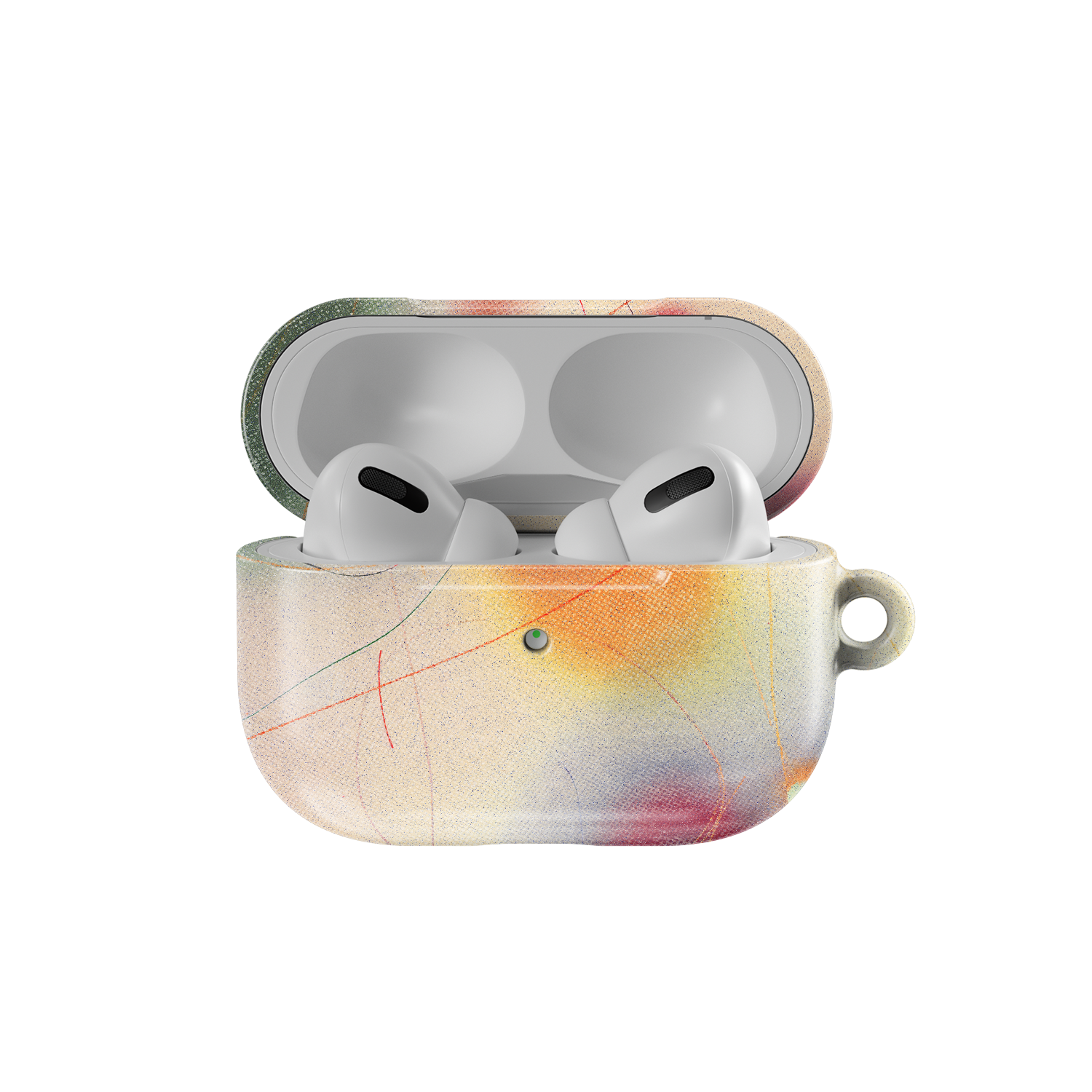 Open KELAB Runner's High AirPods Case in green gradient, showing AirPods Pro inside; stylish and durable headphone accessory.