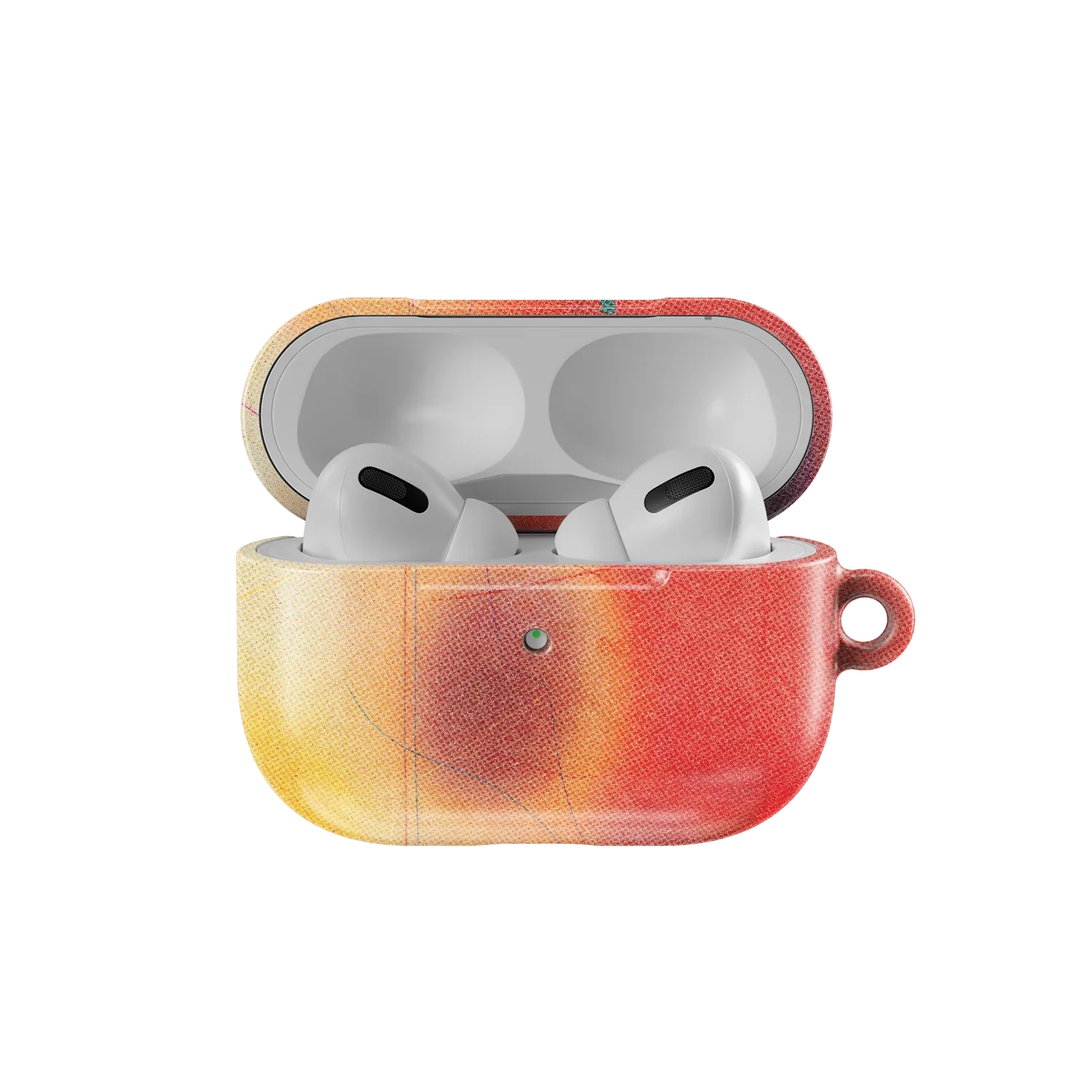 Open Climax Endorphins Series AirPods Case in red gradient, showing AirPods Pro inside; stylish and protective accessory by KELAB.