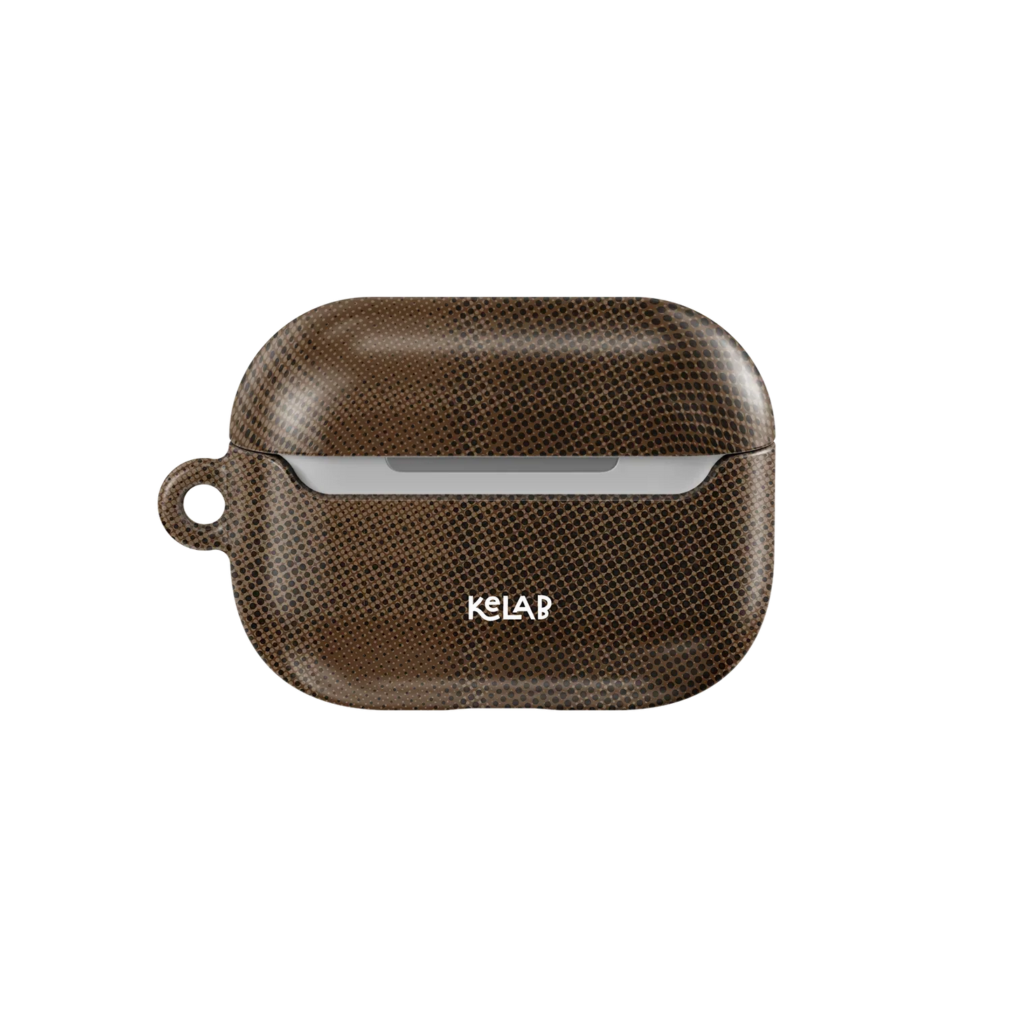 Back view of KELAB Simple AirPods Case in Chestnut Brown with logo and loop, showcasing a muted tartan-style plaid design for everyday use.