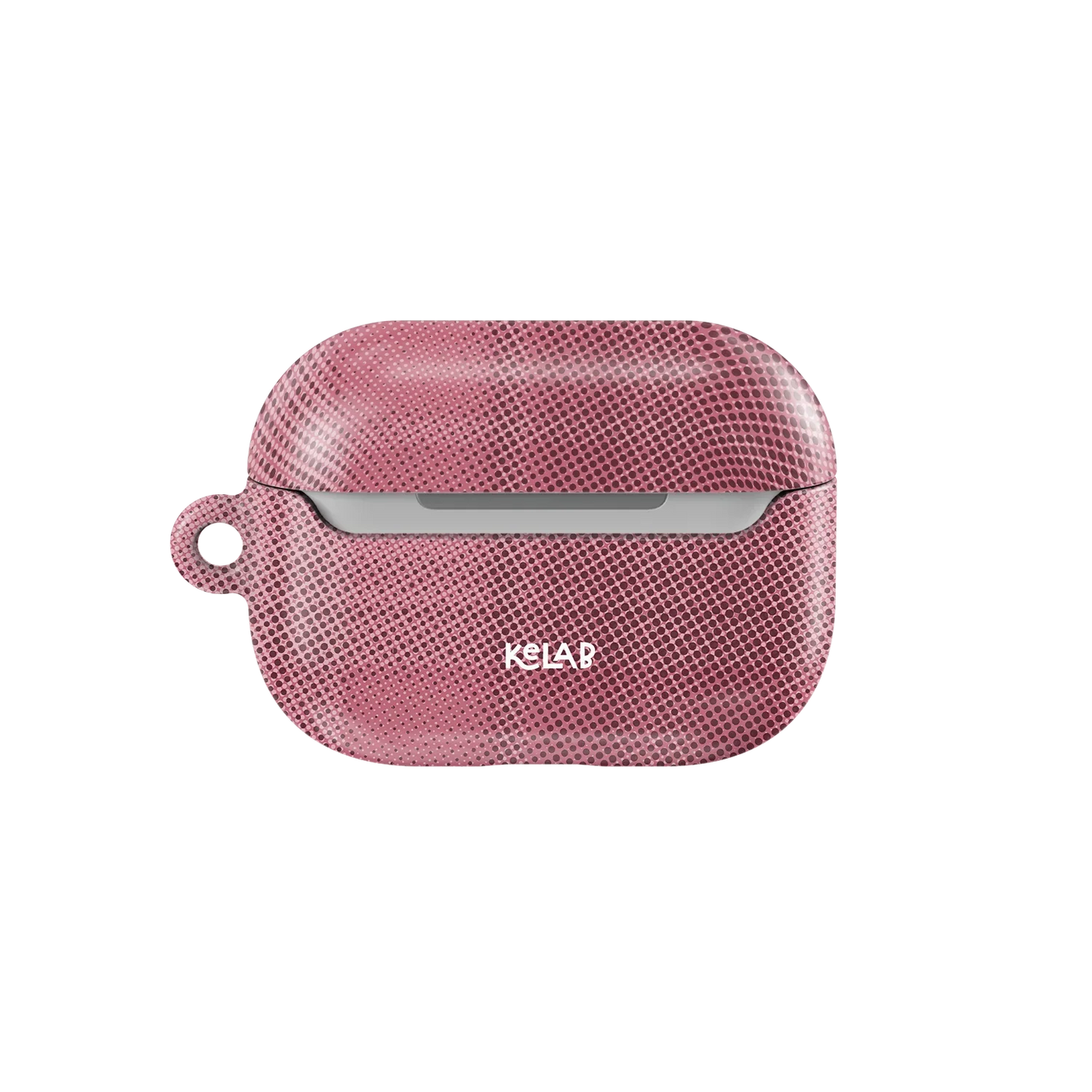 Back view of KELAB's Pink Minimalist AirPods Case with subtle cream checkered pattern and keychain loop. Sleek and protective audio accessory.