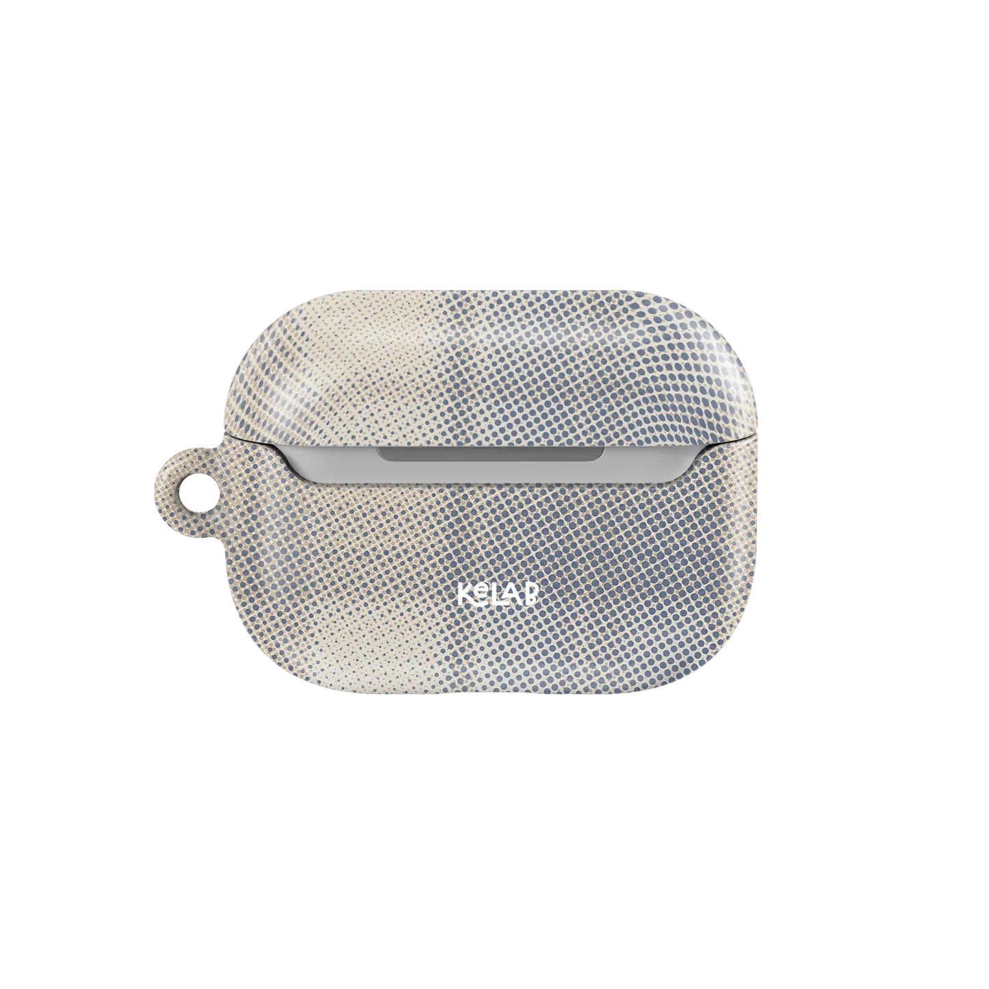 Back view of KELAB's Simple AirPods Case in White with muted tartan pattern and logo, designed for stylish and durable audio accessory storage.