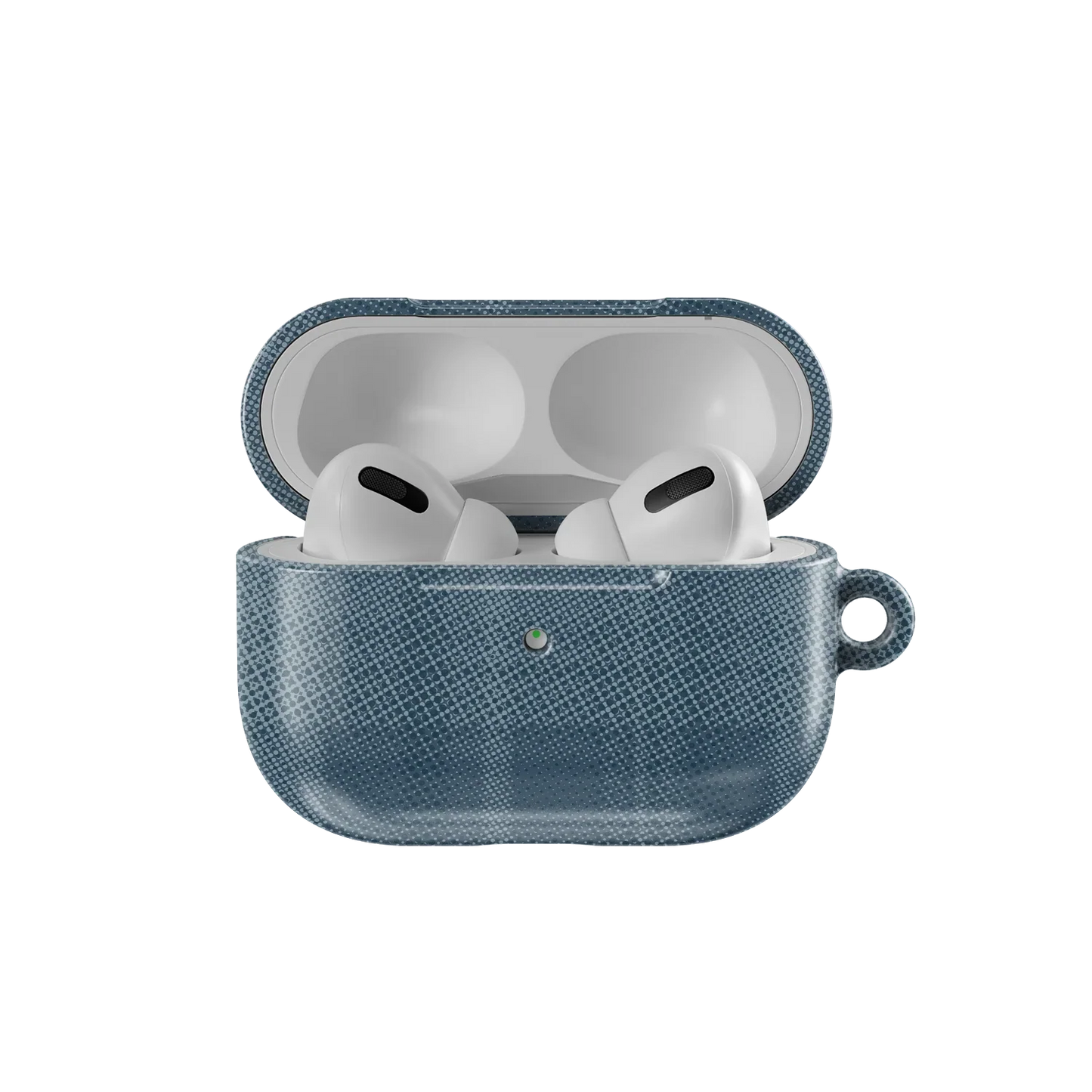 Blue Flannel Minimalist AirPods Case by KELAB shown open with AirPods inside, highlighting its snug fit and muted tartan pattern.