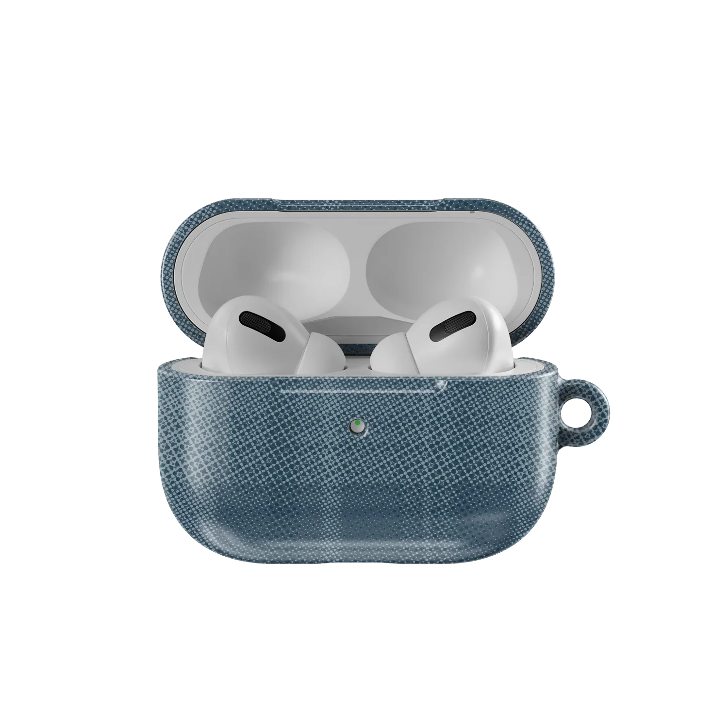 Blue Flannel Minimalist AirPods Case by KELAB shown open with AirPods inside, highlighting its snug fit and muted tartan pattern.