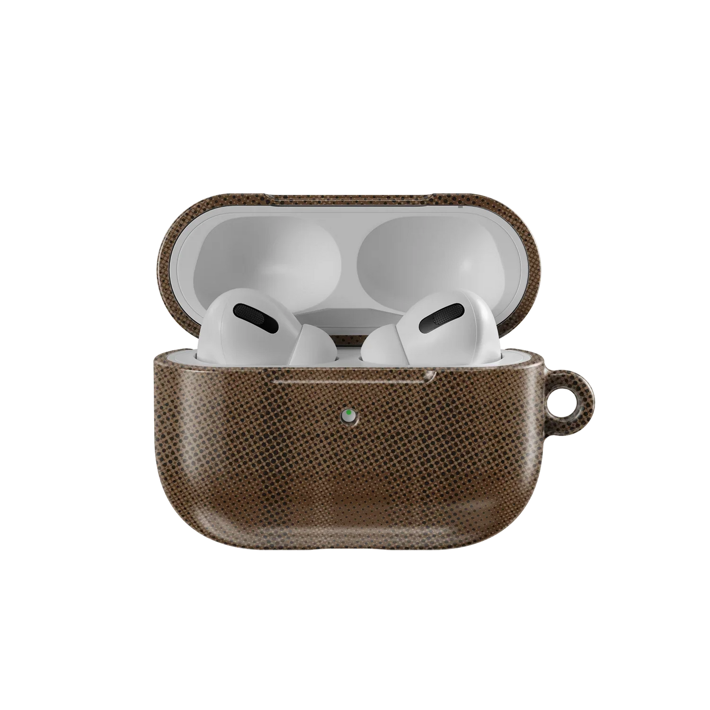 Open Brown Flannel Minimalist AirPods Case by KELAB showing AirPods Pro inside, designed with a subtle grid texture for a sleek, casual look.