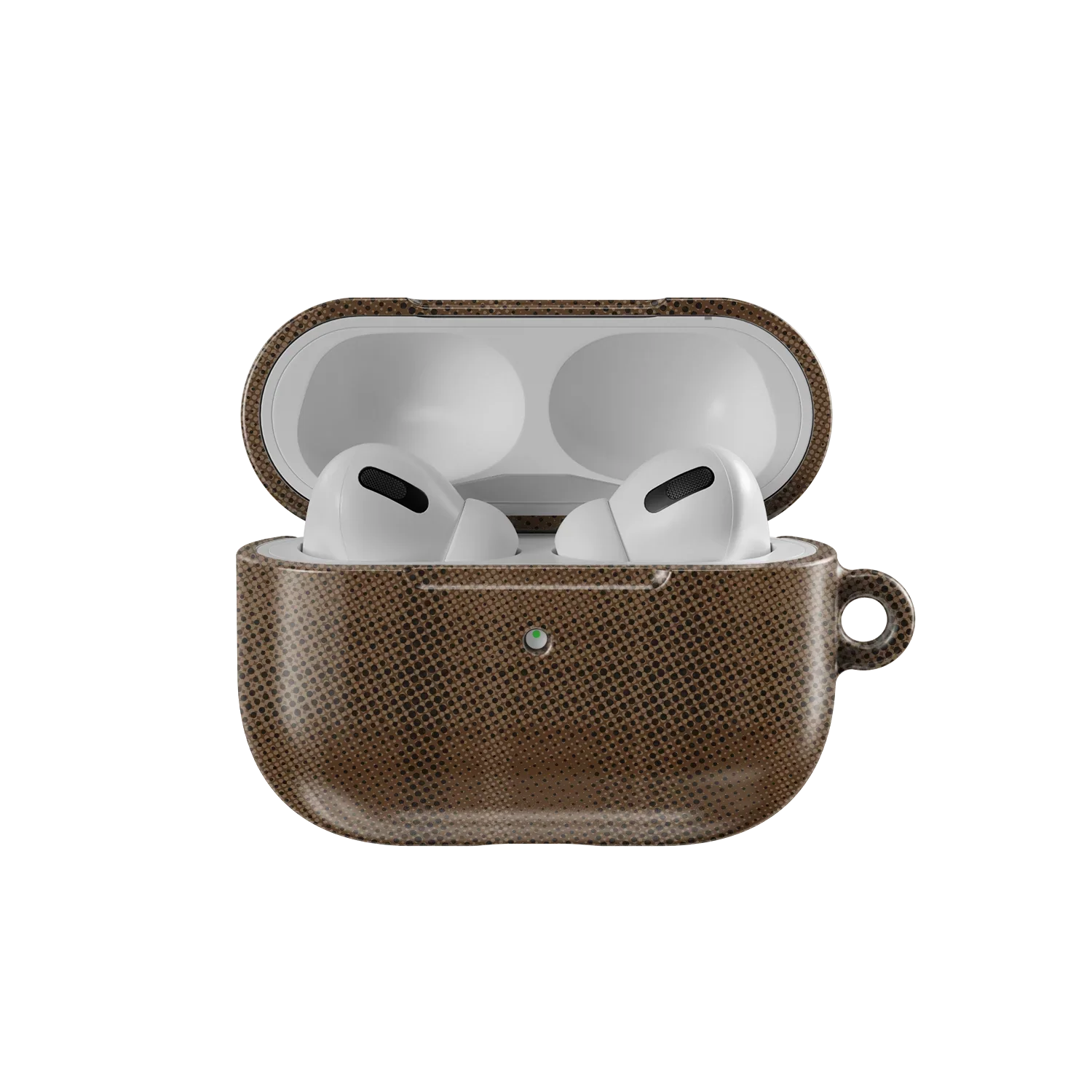 Open Brown Flannel Minimalist AirPods Case by KELAB showing AirPods Pro inside, designed with a subtle grid texture for a sleek, casual look.
