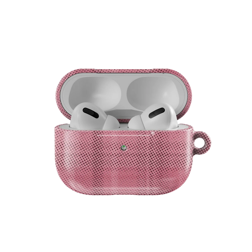 Open Pink Flannel Minimalist AirPods Case by KELAB showing AirPods Pro inside. Features a soft grid design and snug fit for protection.