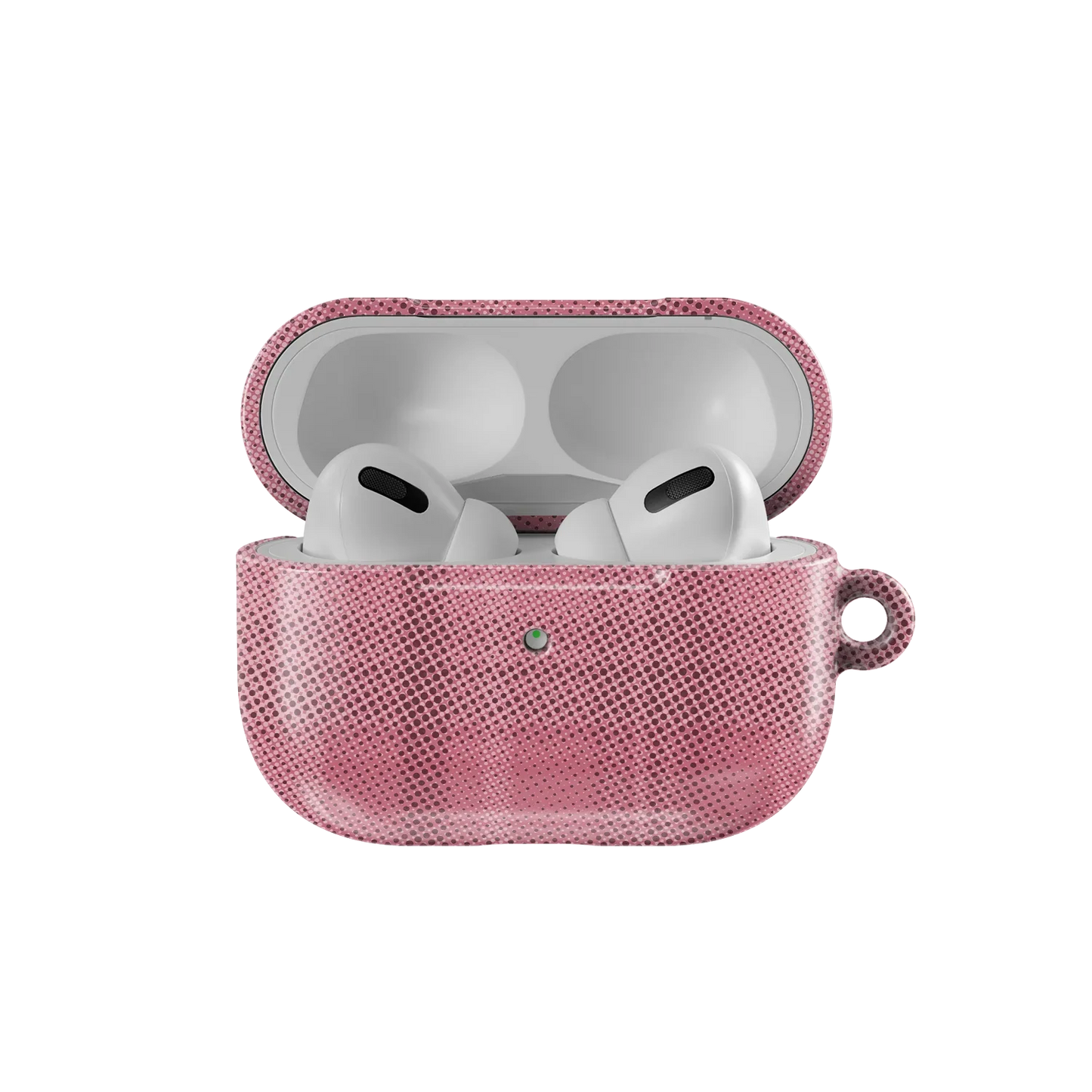 Open Pink Flannel Minimalist AirPods Case by KELAB showing AirPods Pro inside. Features a soft grid design and snug fit for protection.