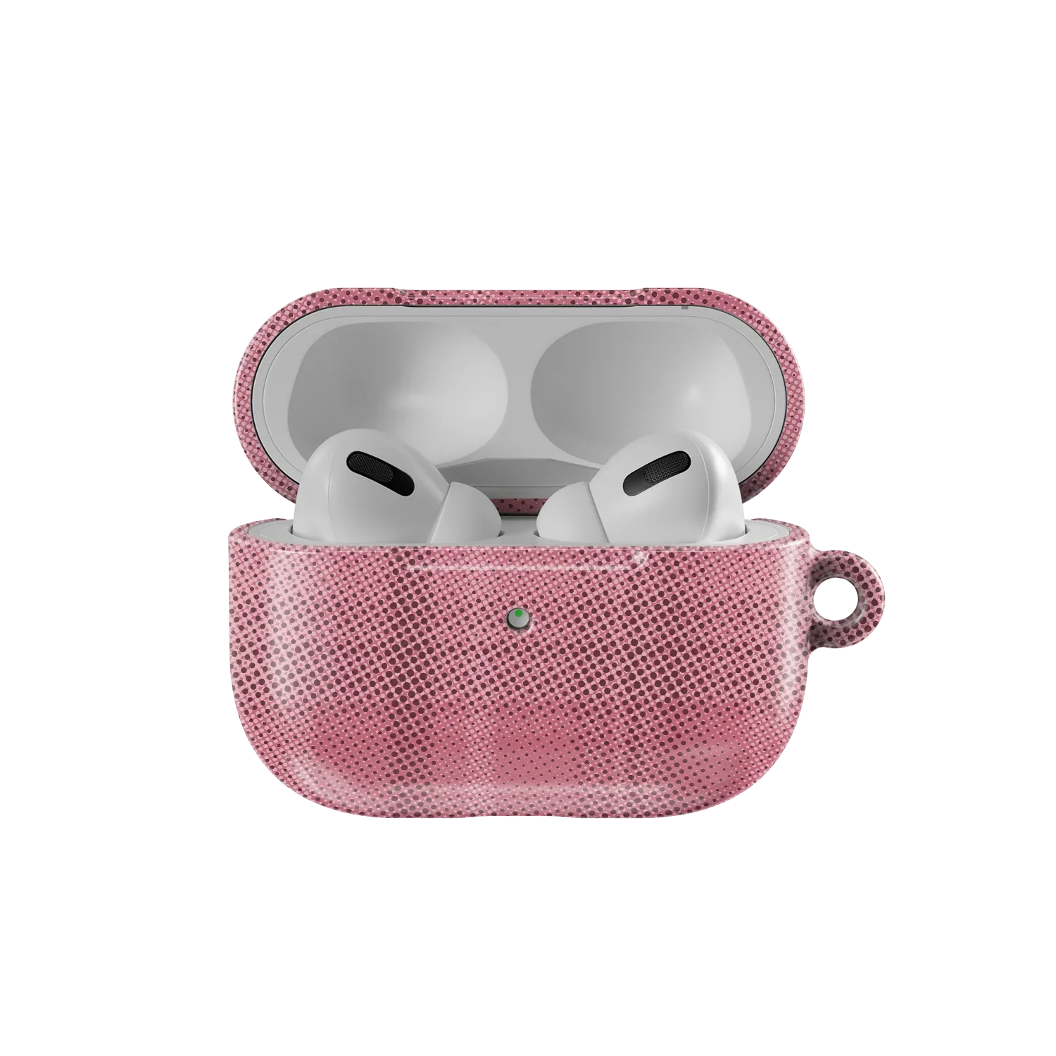 Open Pink Flannel Minimalist AirPods Case by KELAB showing AirPods Pro inside. Features a soft grid design and snug fit for protection.