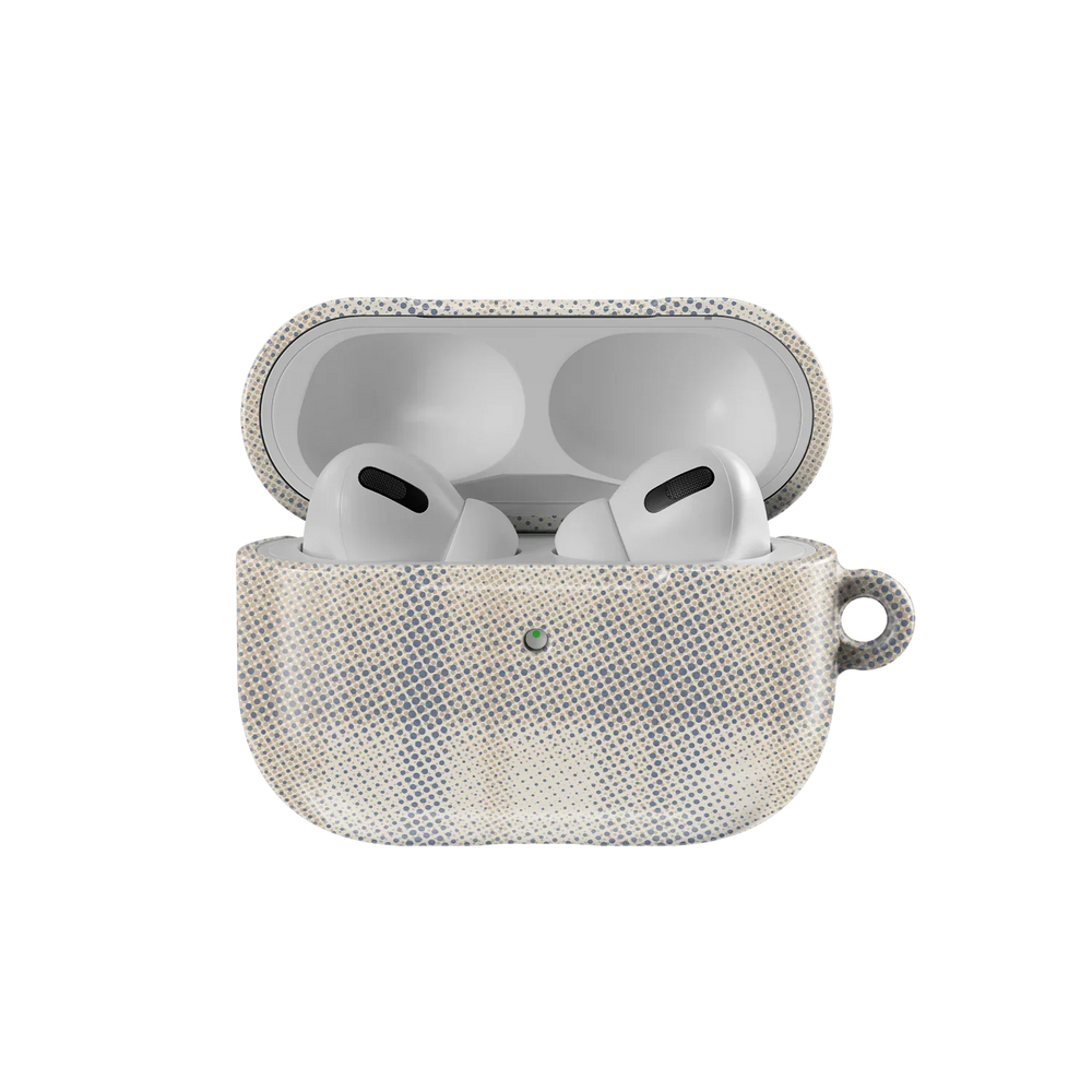 Open beige flannel AirPods case from KELAB with AirPods Pro inside, showcasing minimalist plaid design and snug fit for all models.