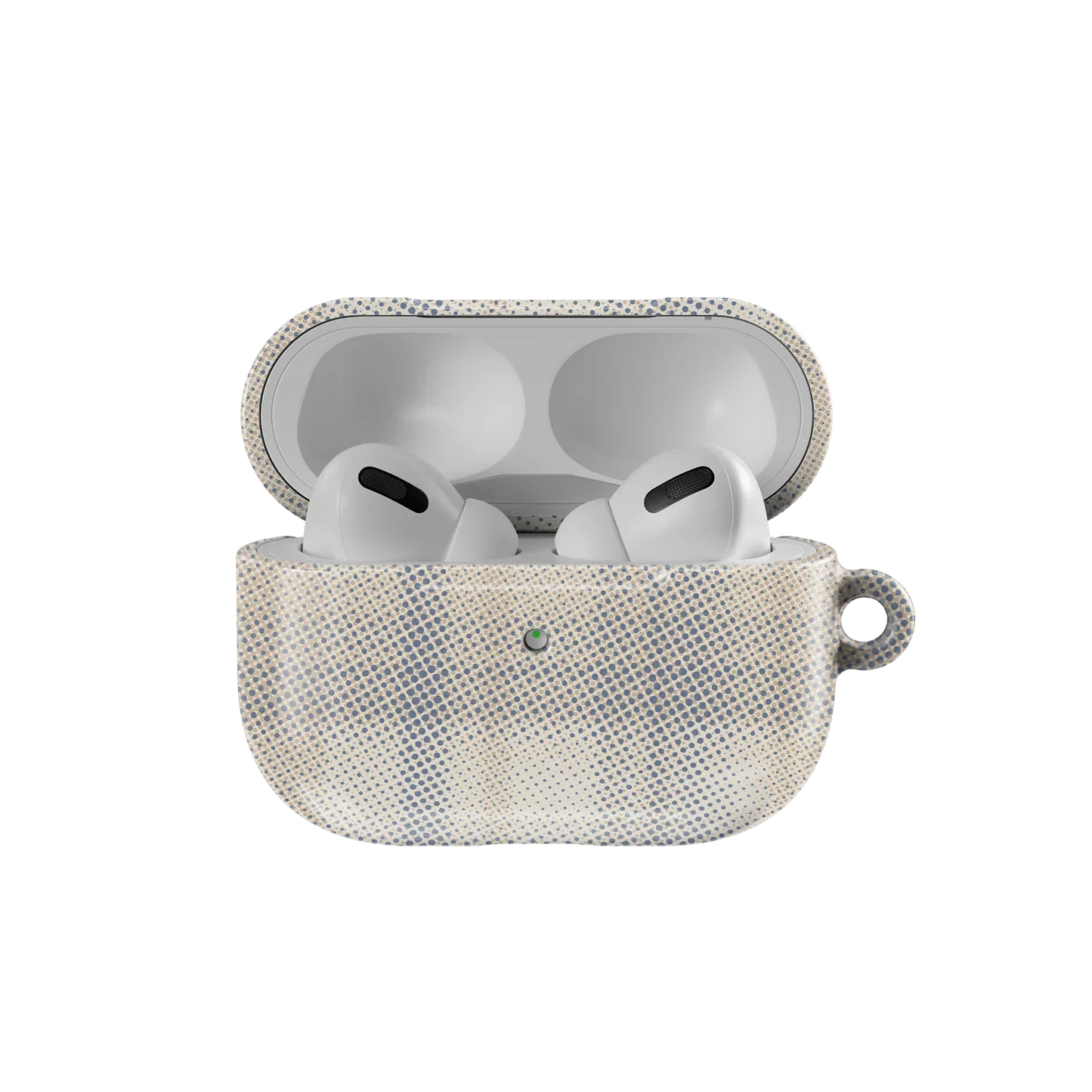 Open beige flannel AirPods case from KELAB with AirPods Pro inside, showcasing minimalist plaid design and snug fit for all models.