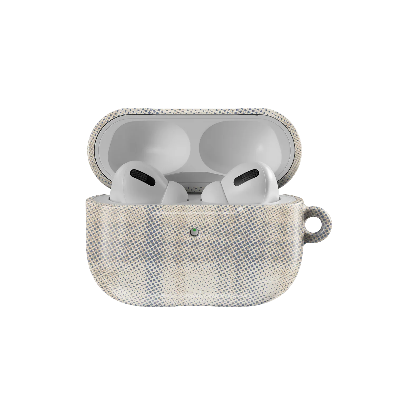 Open beige flannel AirPods case from KELAB with AirPods Pro inside, showcasing minimalist plaid design and snug fit for all models.