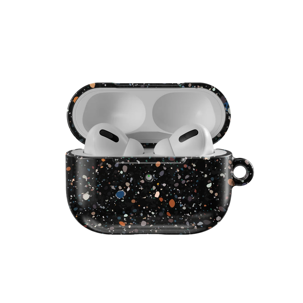 Open Black Splatter AirPods Case – Cute & Stylish | KELAB showing white AirPods inside a durable, speckled protective case with a modern aesthetic.
