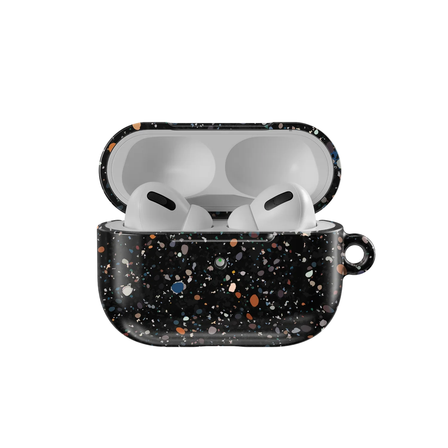Open Black Splatter AirPods Case – Cute & Stylish | KELAB showing white AirPods inside a durable, speckled protective case with a modern aesthetic.
