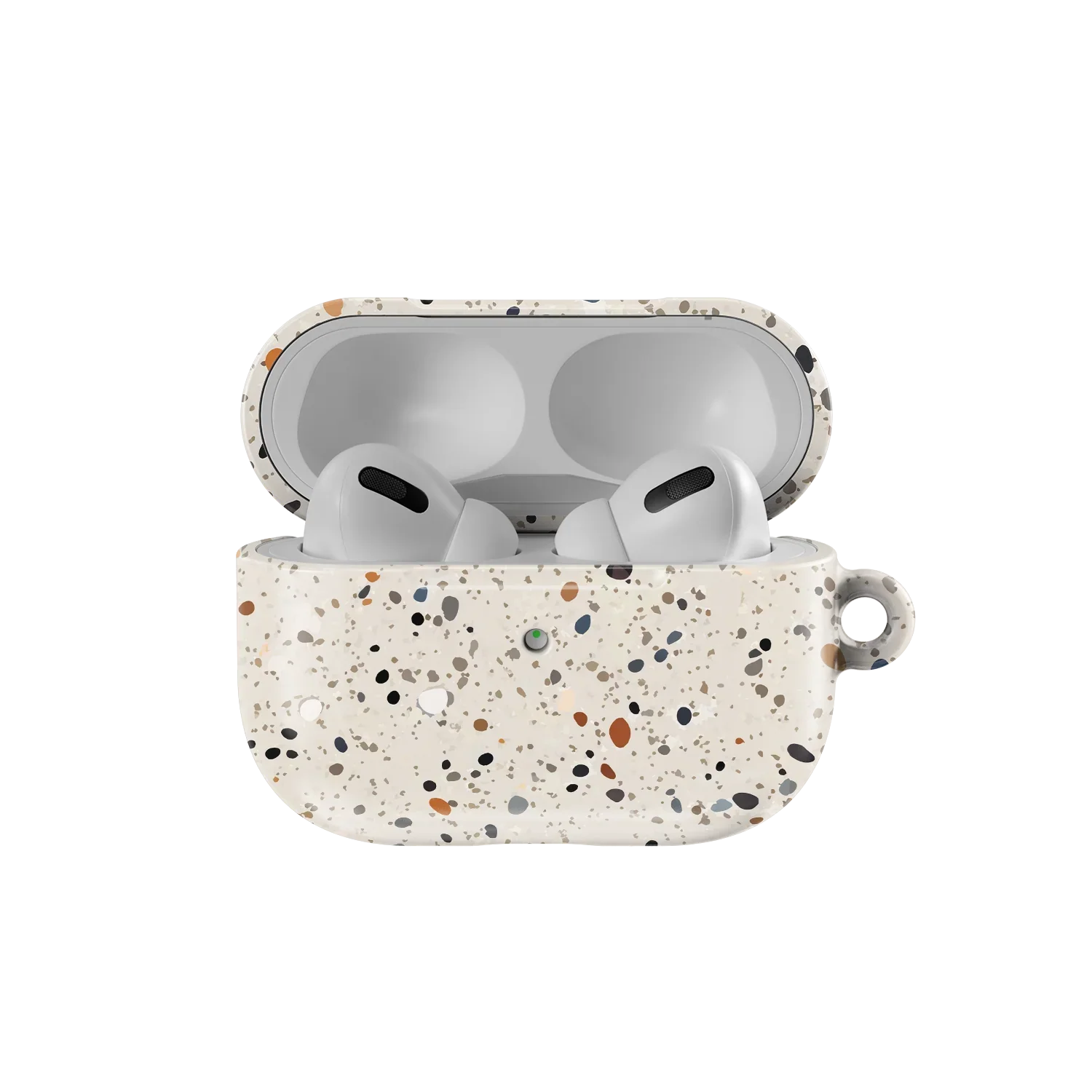 Open Ivory Splatter AirPods Case with AirPods Pro inside, showcasing the durable and trendy speckled design by KELAB for everyday use.
