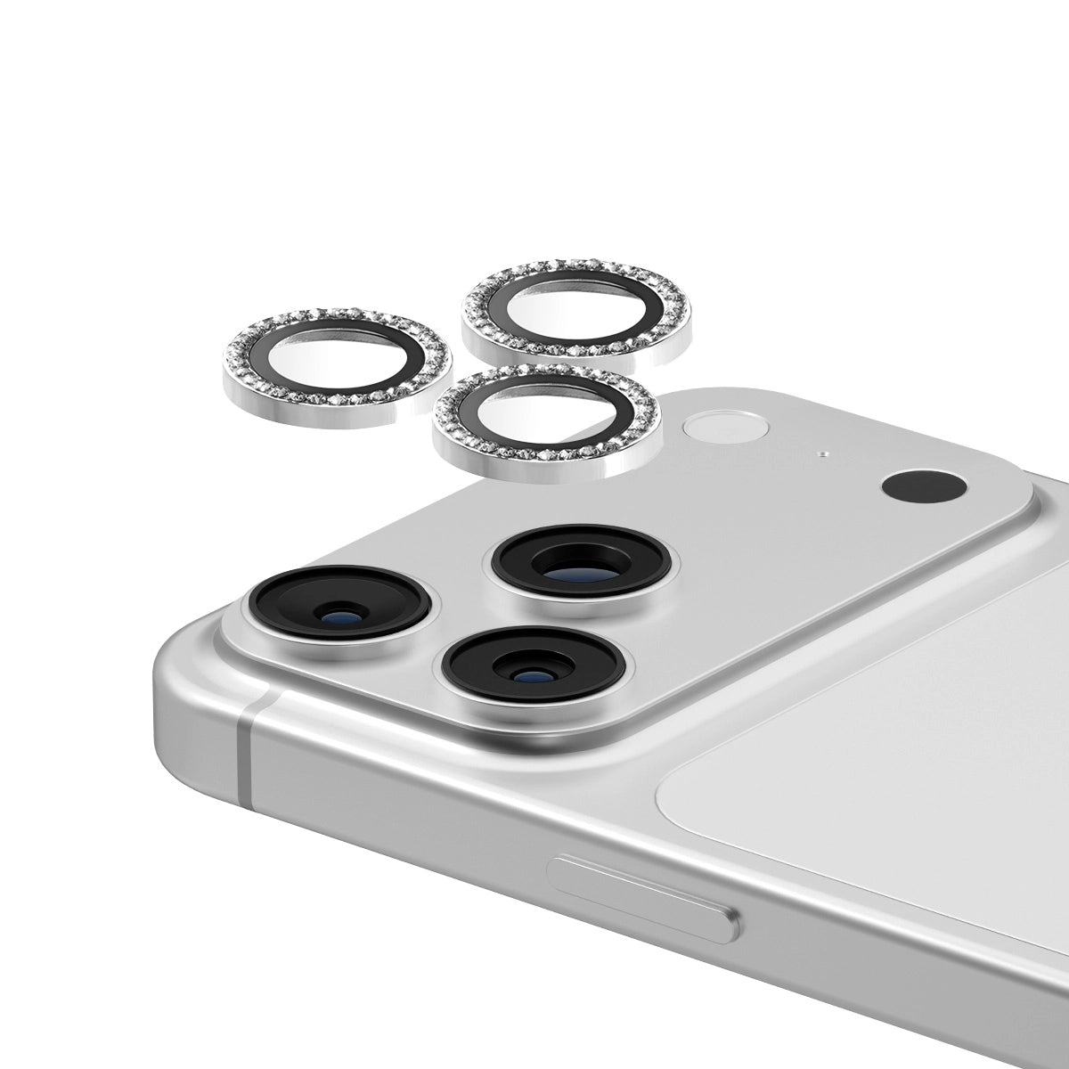 Camera lens ring set for smartphone, silver with rhinestones, enhances protection and style.