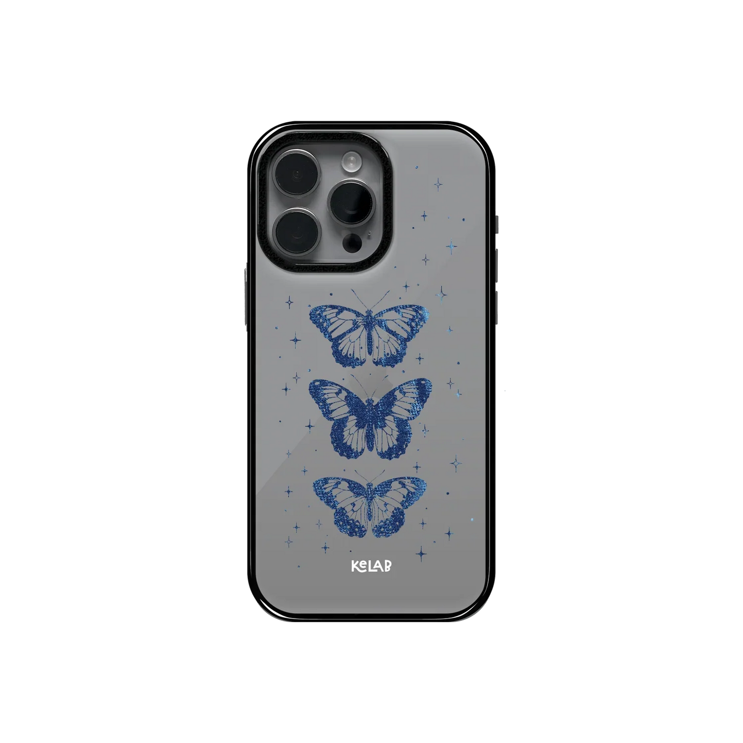 Dreamy Blue Butterfly Clear Case by KELAB featuring three celestial butterflies and star accents on a transparent phone case with a glossy finish.